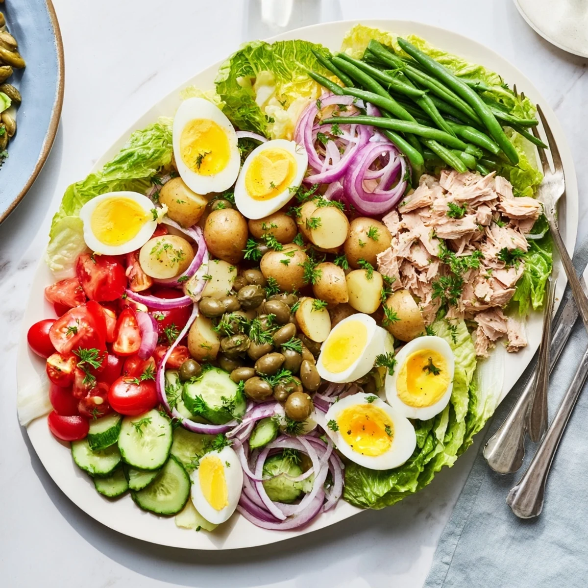 Vibrant Classic Niçoise Salad plated with tuna, eggs, olives, crisp green beans, and tangy vinaigrette