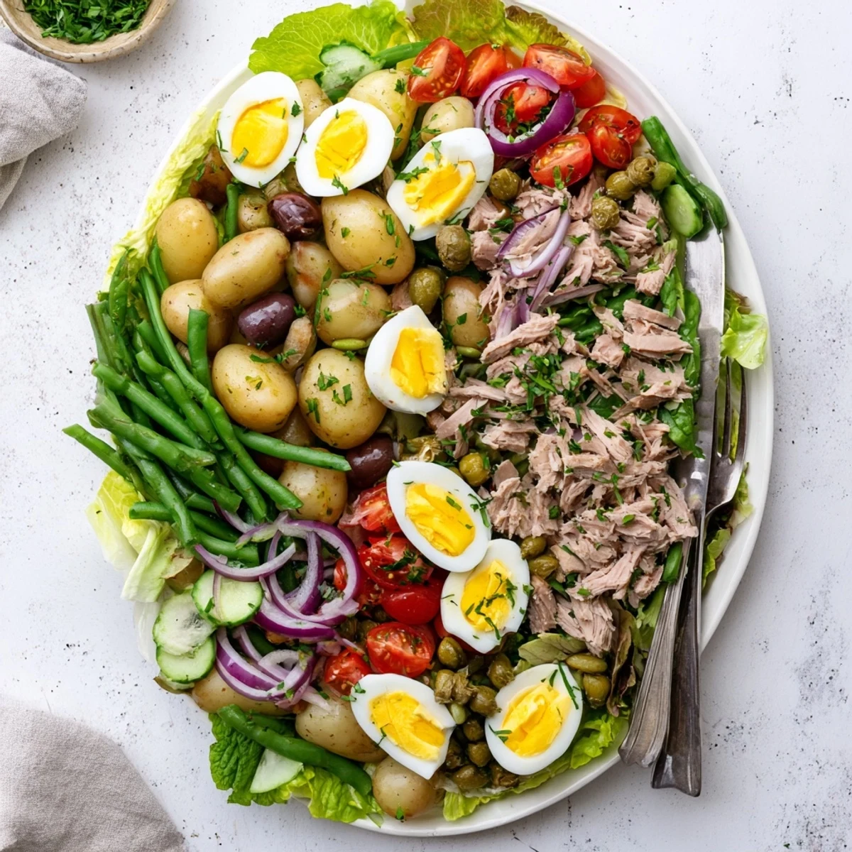 Close-up of Classic Niçoise Salad featuring flaky tuna, boiled eggs, cherry tomatoes, and briny Niçoise olives