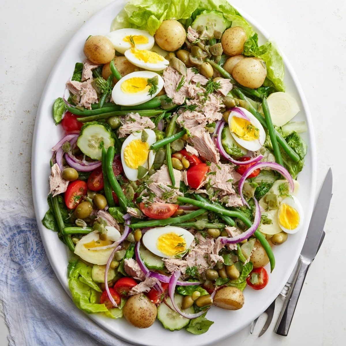 Fresh Classic Niçoise Salad arranged on white platter with colorful vegetables, hard-boiled eggs, and tuna