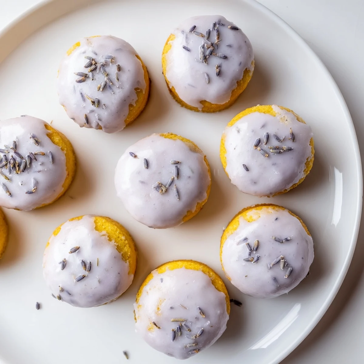 Golden mini lemon cakes with lavender glaze drizzled over the tops on a white serving plate