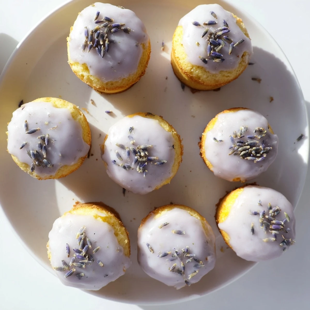 Small moist lemon cakes topped with fragrant lavender glaze and garnished with fresh lemon zest