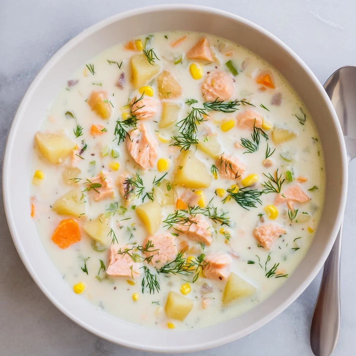 Creamy smoked salmon chowder loaded with tender potatoes, sweet corn, and flaky fish in a rich white broth bowl