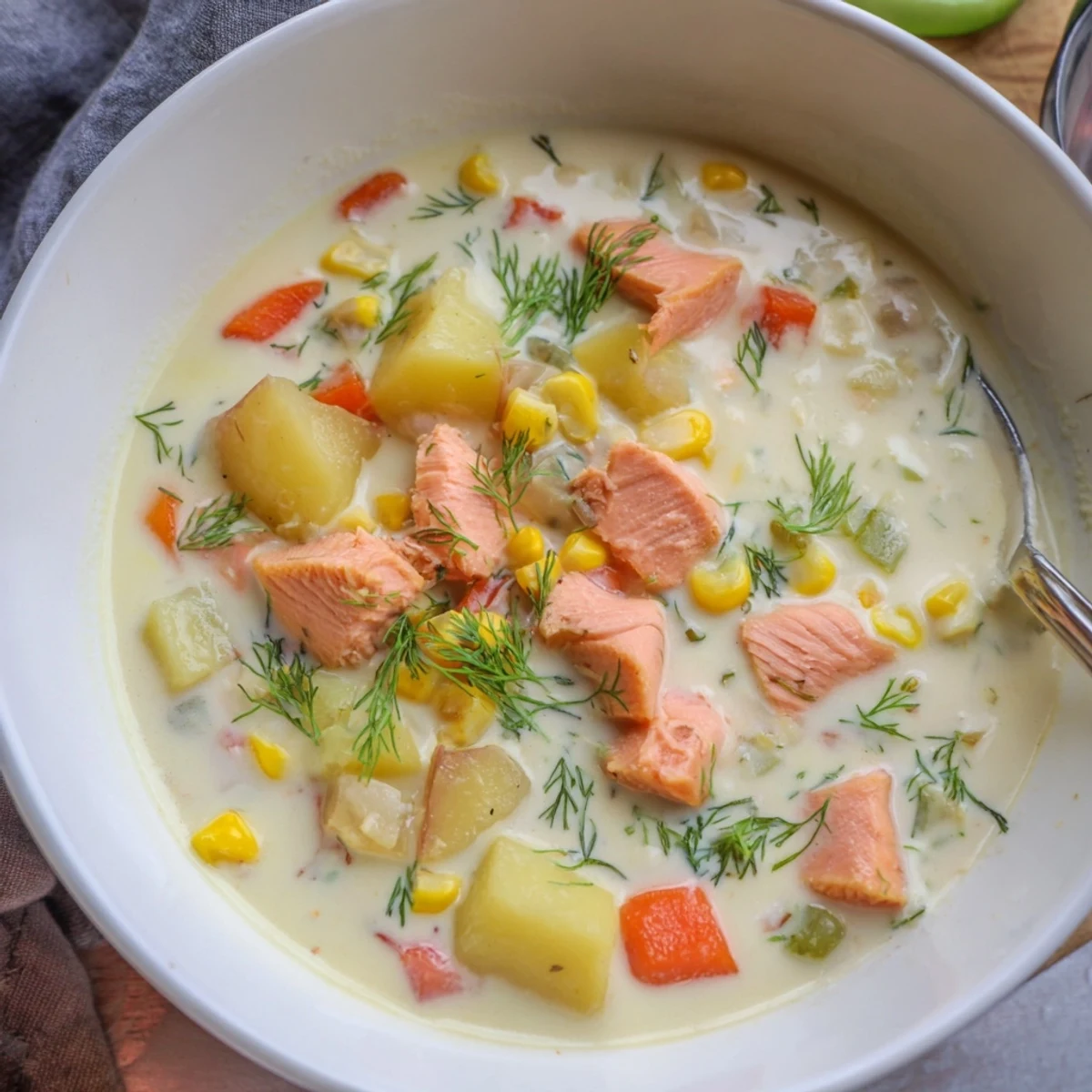 Golden smoked salmon chowder with colorful diced vegetables swimming in a velvety cream-based soup garnished with fresh green dill