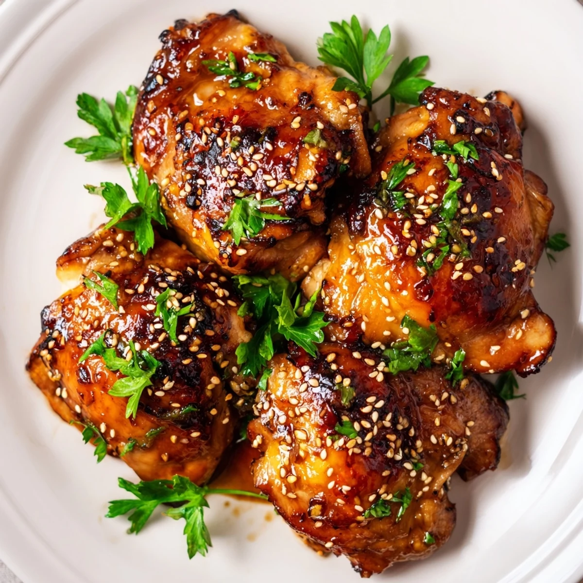 Golden honey garlic chicken thighs with caramelized glaze served beside roasted sweet potato cubes