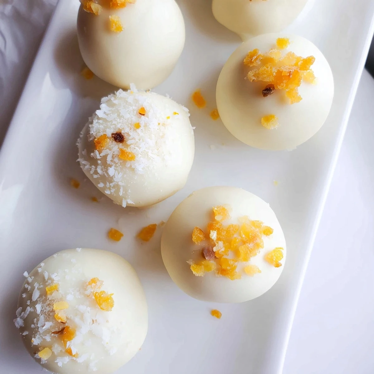 Creamy mango truffles coated in white chocolate with dried mango garnish on a white plate