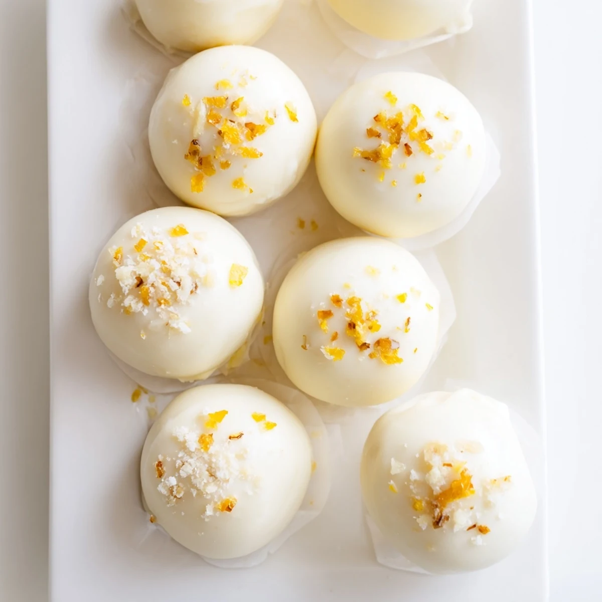 Luscious mango truffles with smooth white chocolate ganache centers dusted in powdered sugar