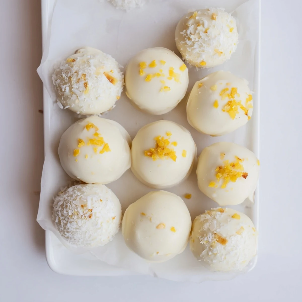 Hand-rolled white chocolate mango truffles sprinkled with coconut and chopped pistachios for tropical flavor