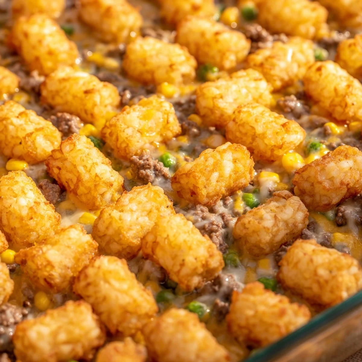 Golden brown tater tot casserole with melted cheddar and savory beef in a baking dish