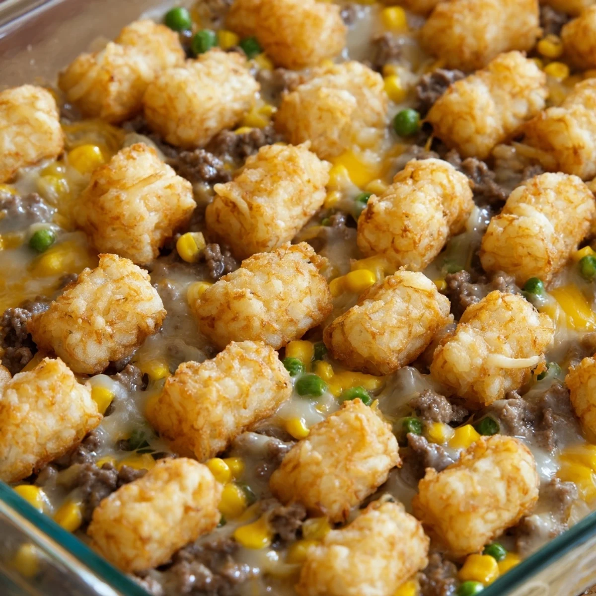 Hearty Midwest tater tot casserole featuring crispy potato topping over creamy beef and corn layers