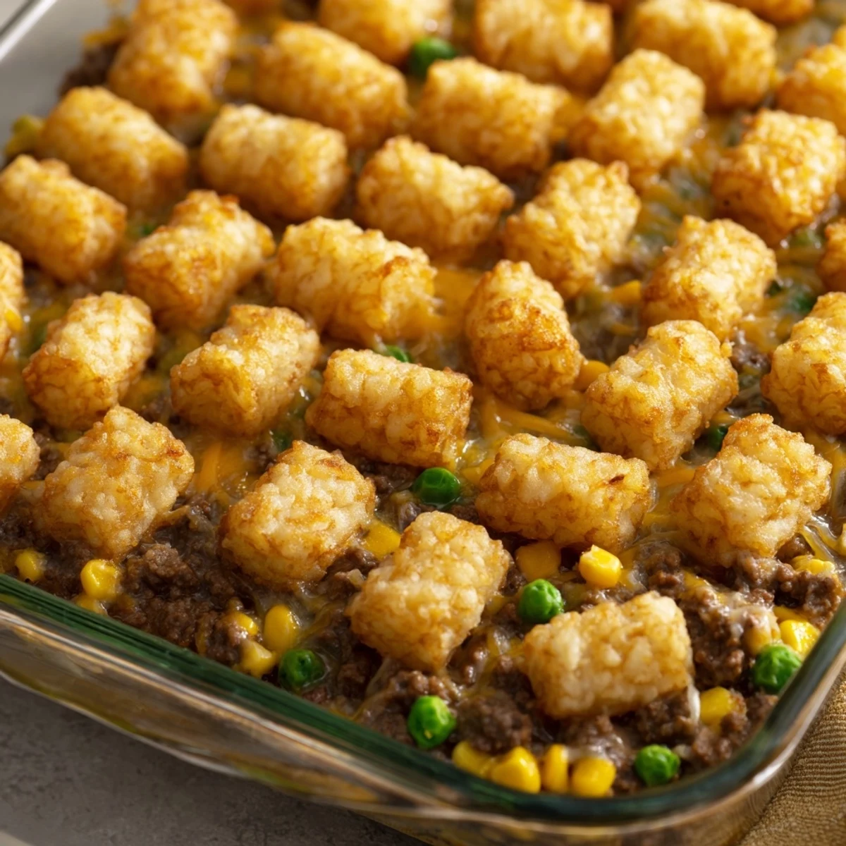 Baked tater tot casserole ready to serve with golden crunchy potatoes and bubbling cheese sauce