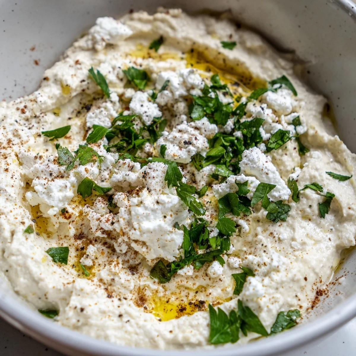 Creamy classic feta dip topped with olive oil, herbs, and red pepper flakes alongside fresh vegetable crudités