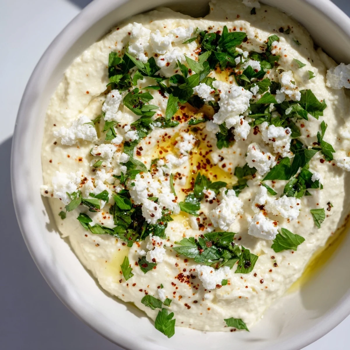 Whipped classic feta dip garnished with fresh dill and extra crumbled cheese on a wooden serving board