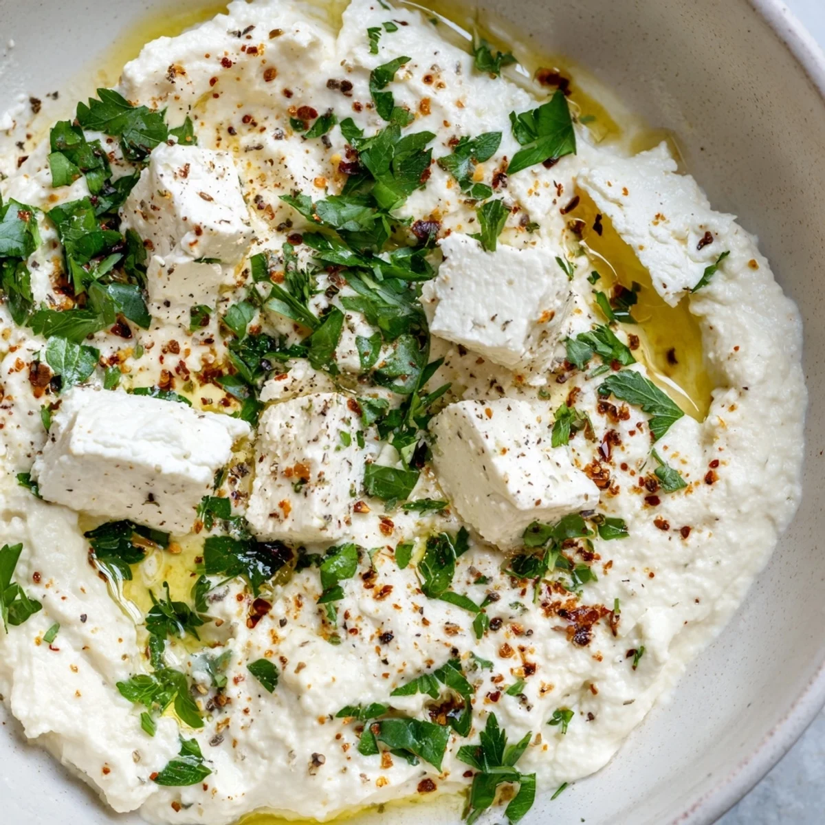 Smooth Mediterranean classic feta dip served in a rustic bowl with warm pita bread triangles for dipping