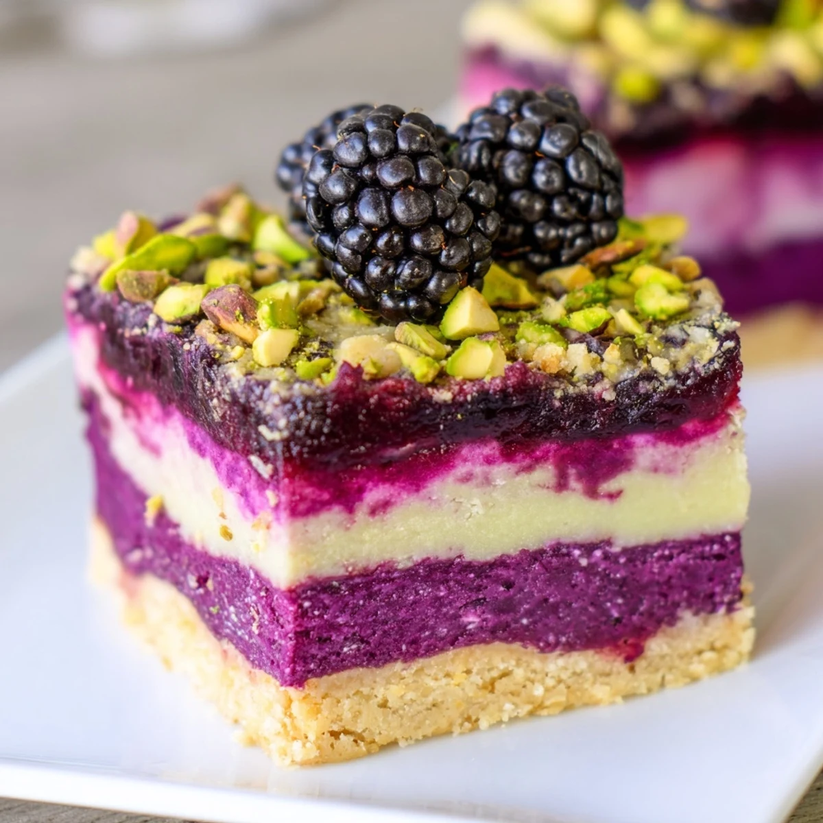 Buttery pistachio crust supports tangy blackberry layer in these elegant Blackberry Pistachio Dream Bars