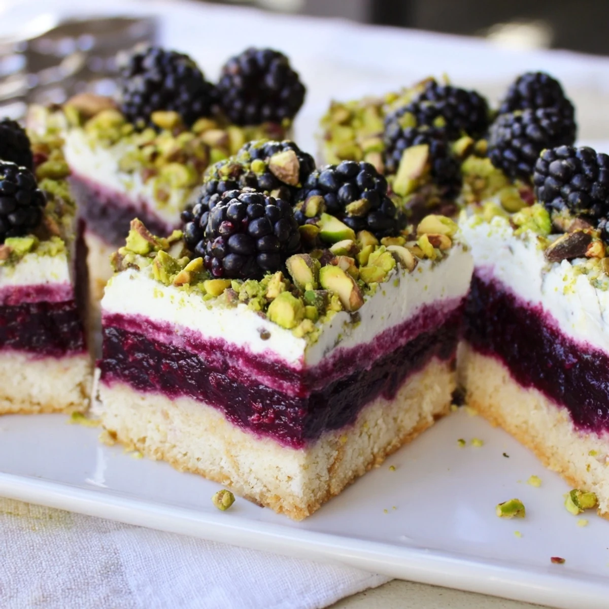 Sliced Blackberry Pistachio Dream Bars topped with fresh berries and green pistachio crumbs