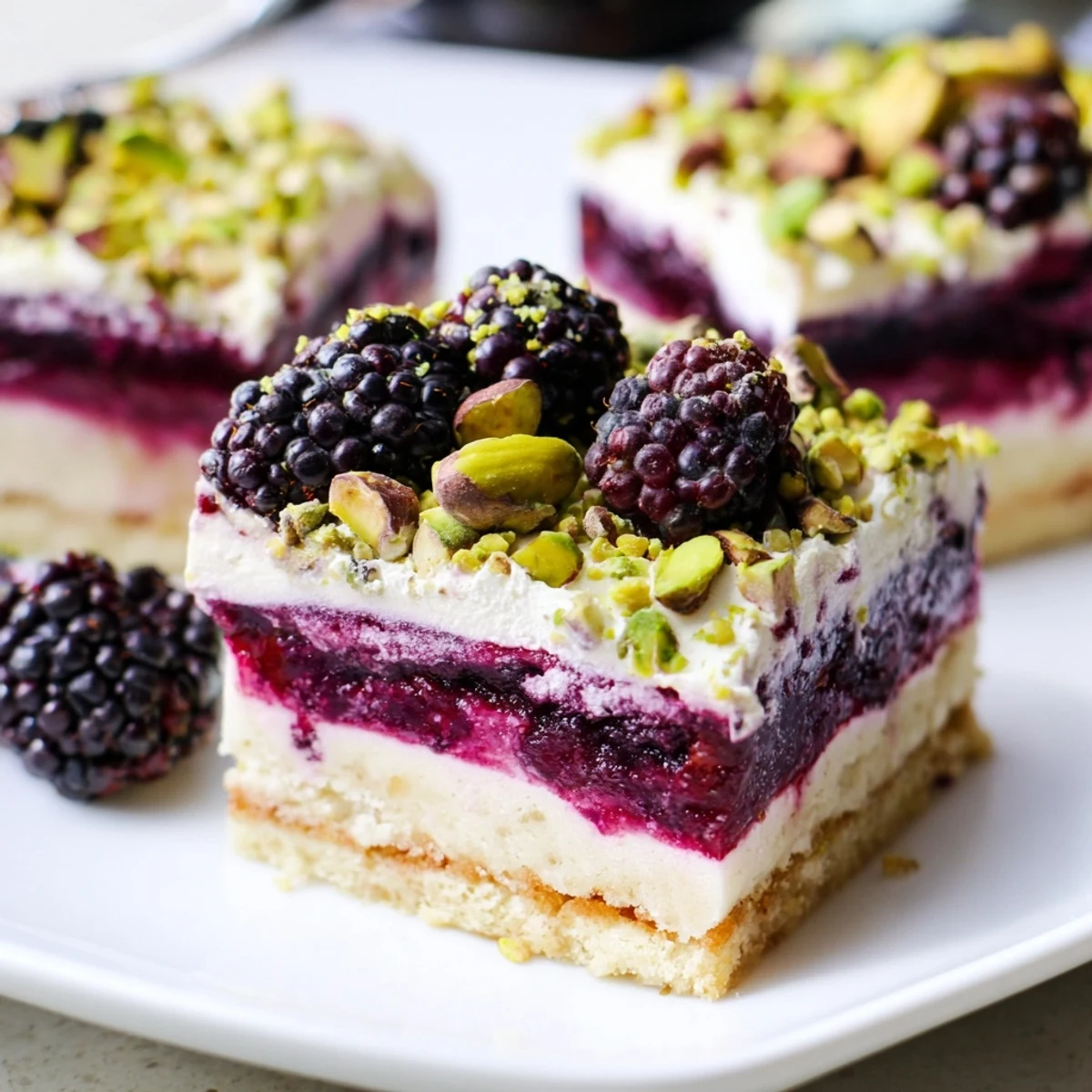 Golden Blackberry Pistachio Dream Bars layered with creamy cheesecake and vibrant berry swirl