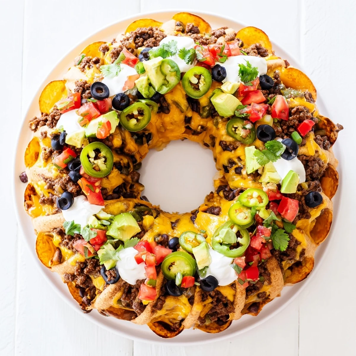 Ring-shaped baked nacho tower oozing cheddar and monterey jack cheese over crispy tortilla chips
