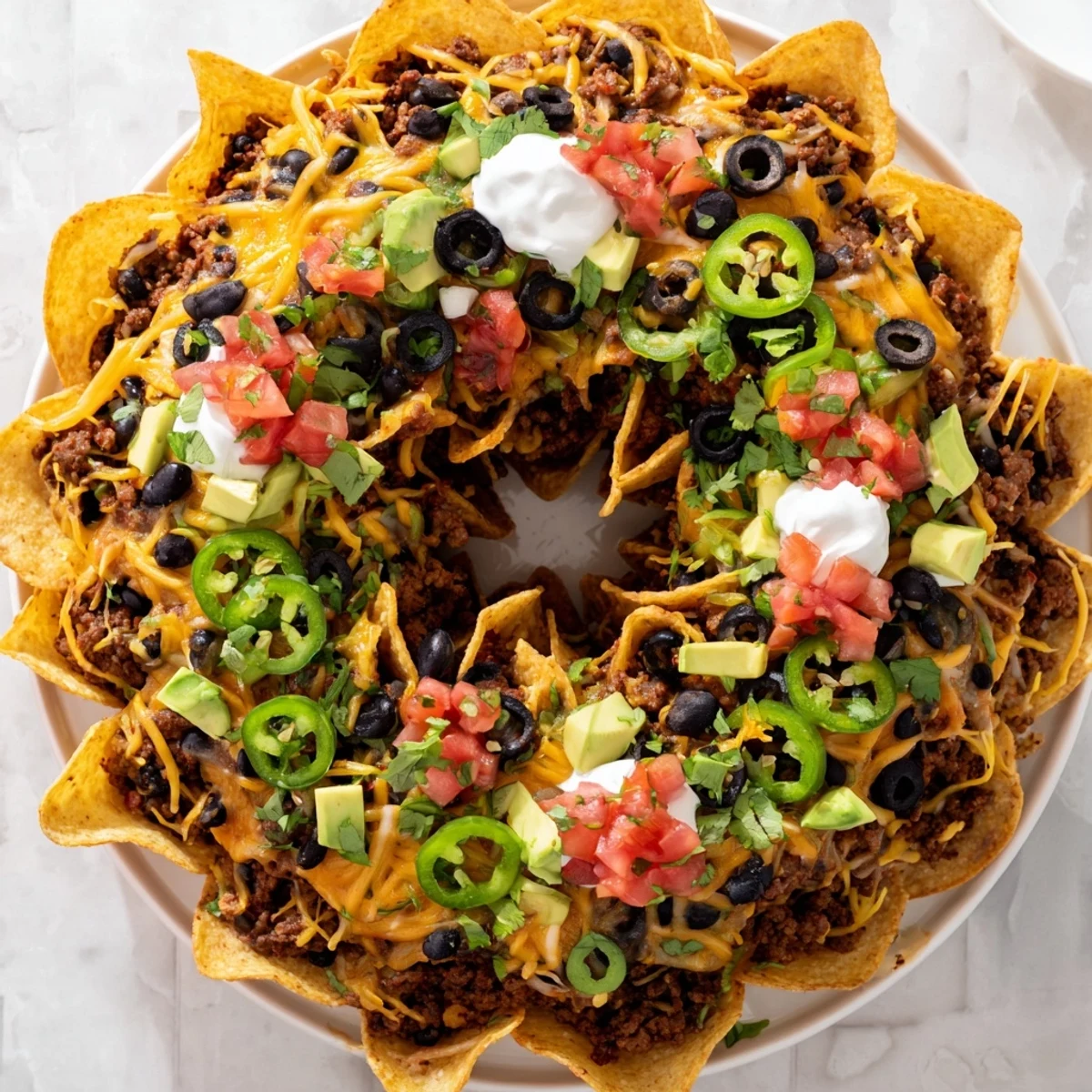 Show-stopping Bundt pan nachos arranged in a circle with fresh tomatoes, sour cream and avocado