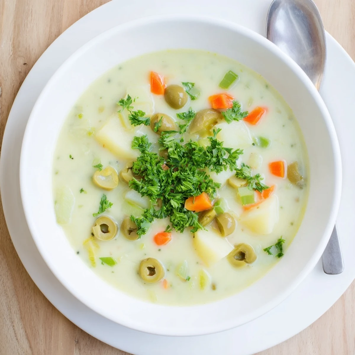 Creamy green olive soup topped with fresh parsley in a white bowl