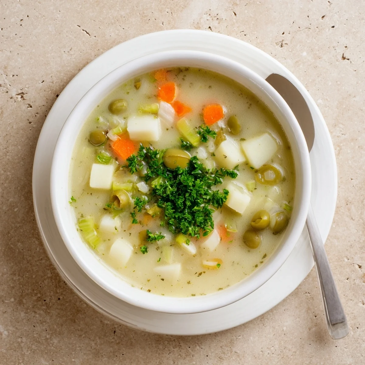 Steaming Mediterranean green olive soup garnished with chopped parsley and sliced olives