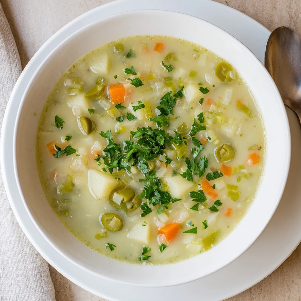 Velvety green olive soup served hot with crusty bread on the side