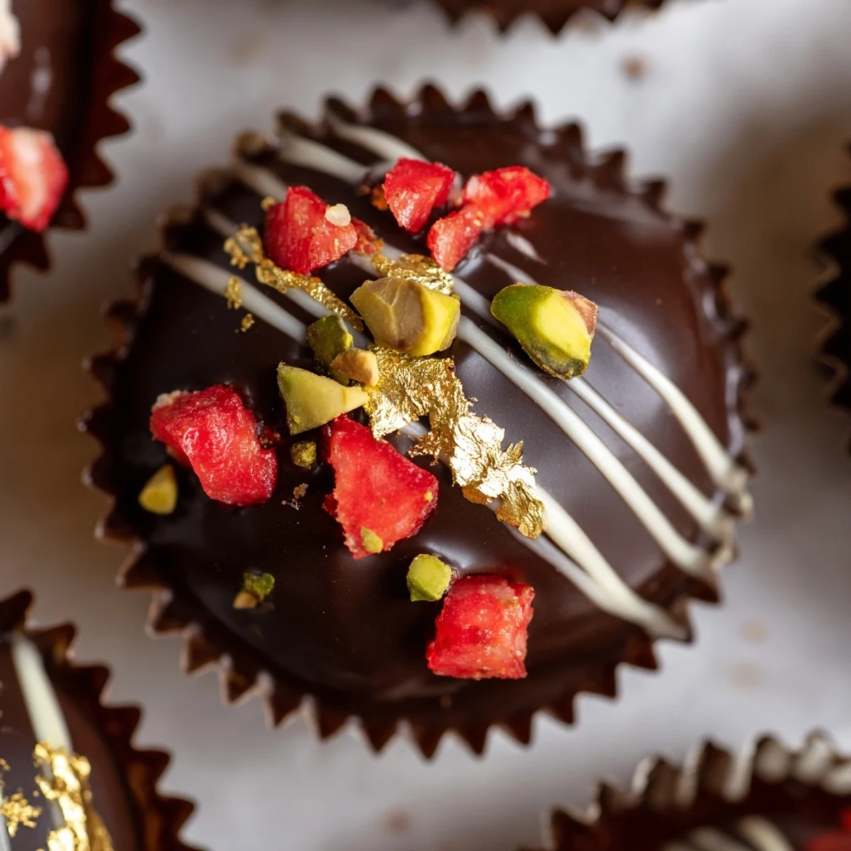 Decadent Dubai chocolate covered strawberry cups featuring glossy dark chocolate shells filled with sweet rose-infused strawberries and topped with crushed pistachios