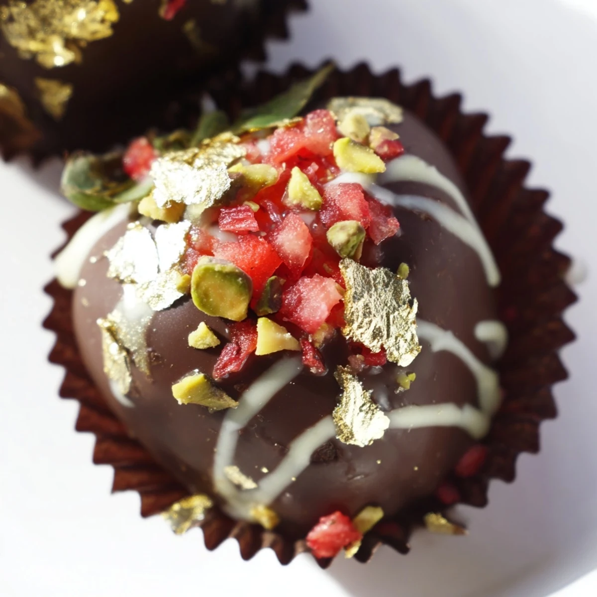 Rich dark chocolate covered strawberry cups arranged elegantly on a serving platter, garnished with white chocolate drizzle and edible gold accents