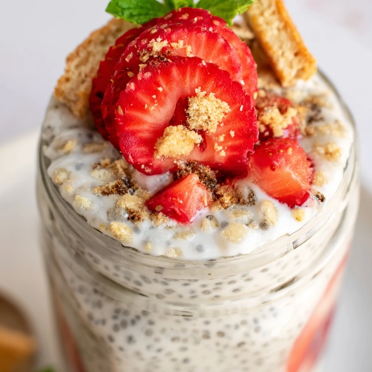Glass jar showcasing layered strawberry cheesecake chia pudding with fresh strawberry slices and graham cracker topping