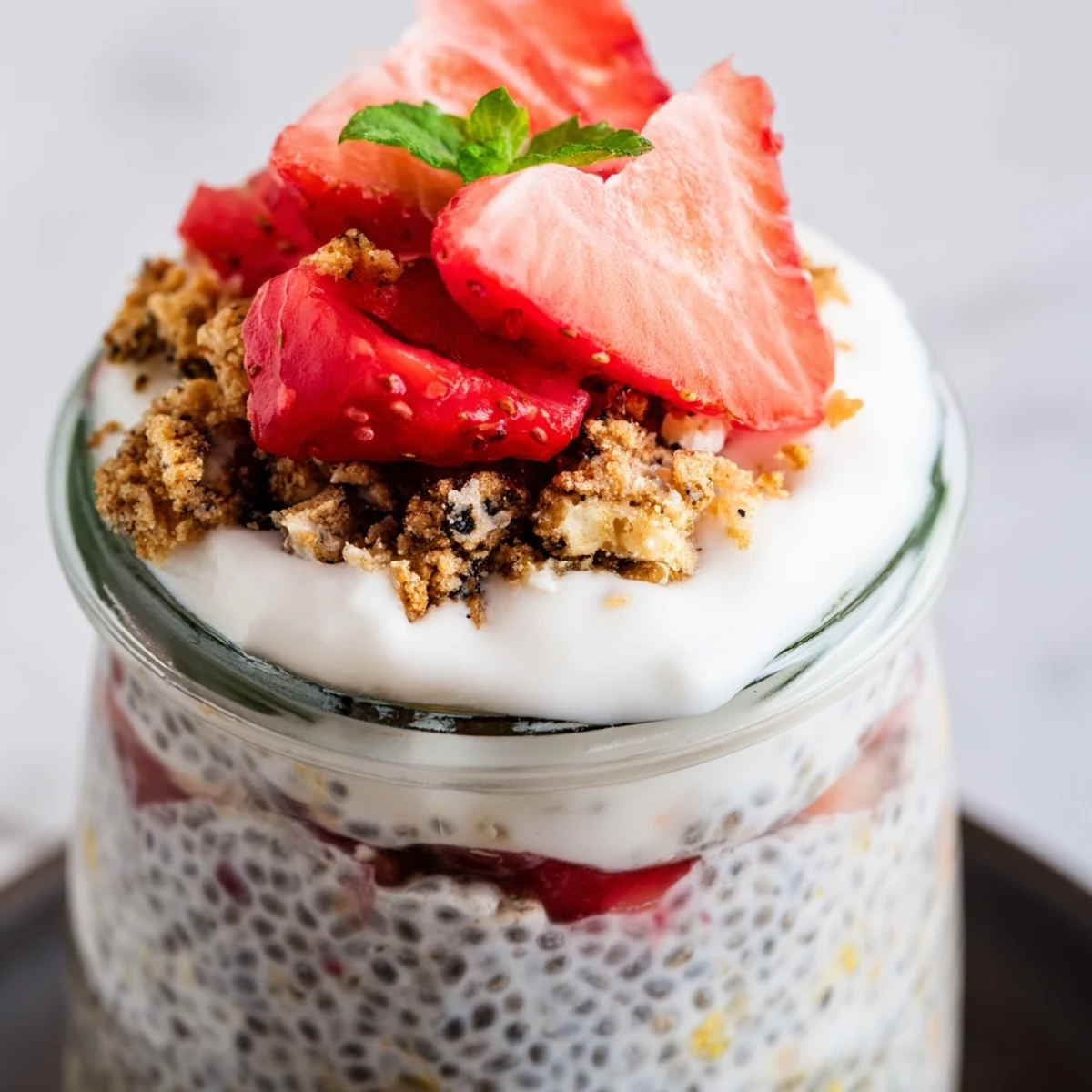 Spoon digging into chilled strawberry cheesecake chia pudding revealing smooth layers of strawberry and cream cheese mixture