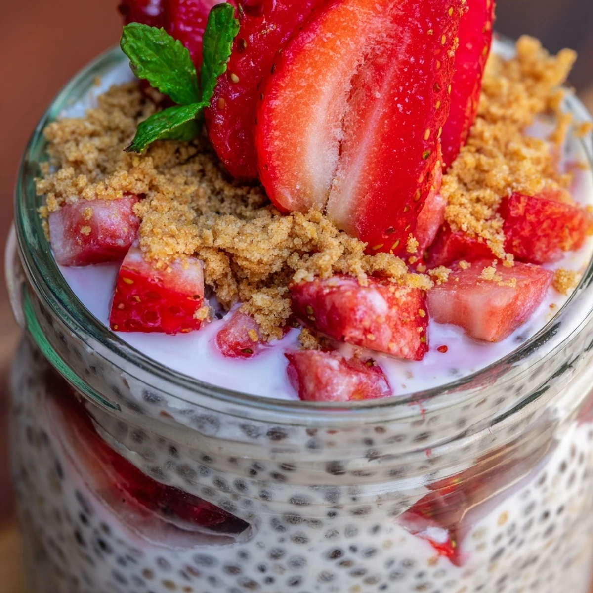 Creamy strawberry cheesecake chia pudding parfait layered with bright red berry compote and mint garnish