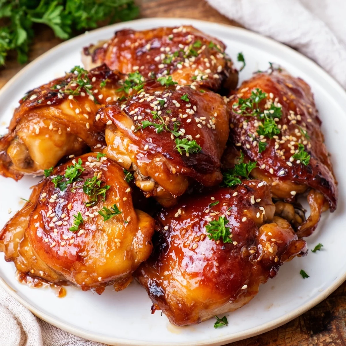 One-pan honey garlic chicken with roasted sweet potatoes garnished with fresh parsley and sesame seeds on parchment paper