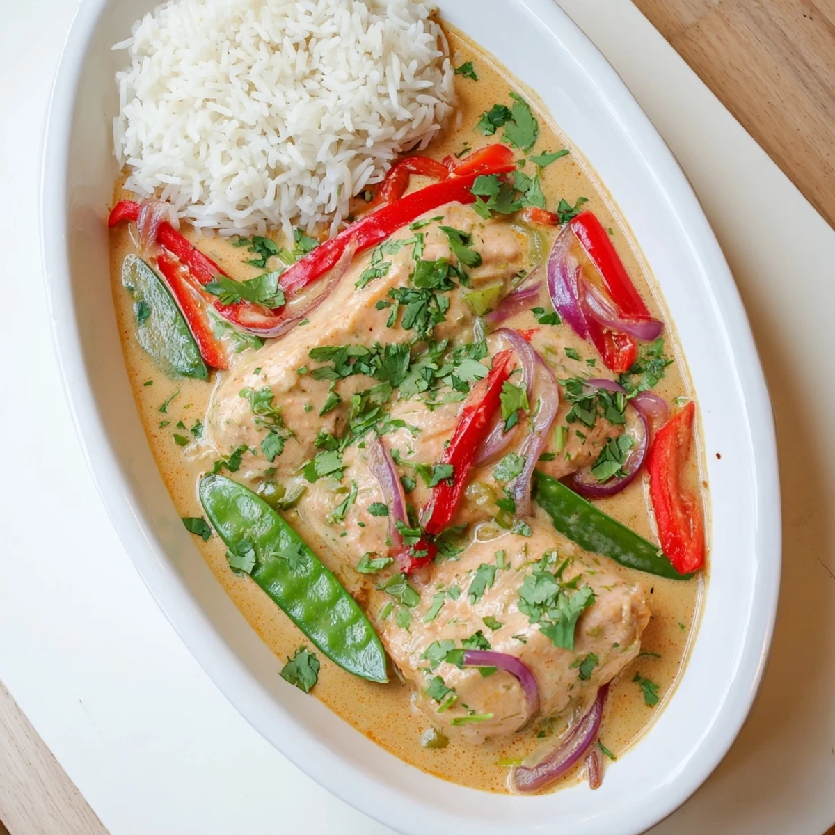 Golden red curry coconut and coriander salmon fillets simmered in rich Thai-spiced sauce with colorful bell peppers and snap peas
