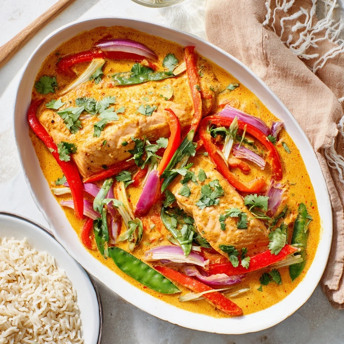 Vibrant Thai-style salmon dish in aromatic red curry coconut broth with tender vegetables and fragrant coriander garnish