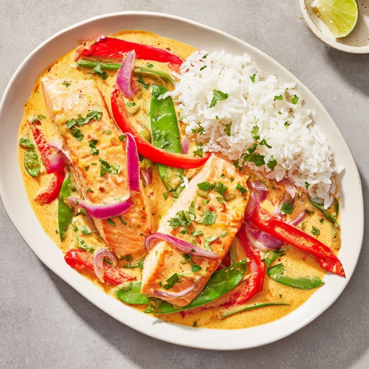 Flaky salmon poached in creamy red curry coconut milk sauce topped with fresh cilantro and sliced red chilies over white rice