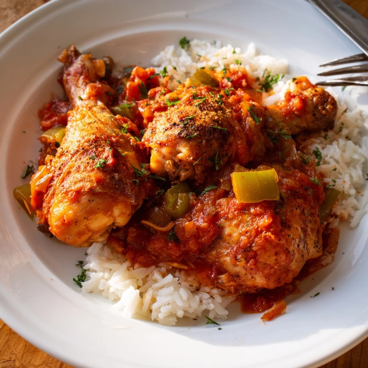 Comforting Southern Creole chicken dish bubbling in Dutch oven with bell peppers celery and aromatic herbs