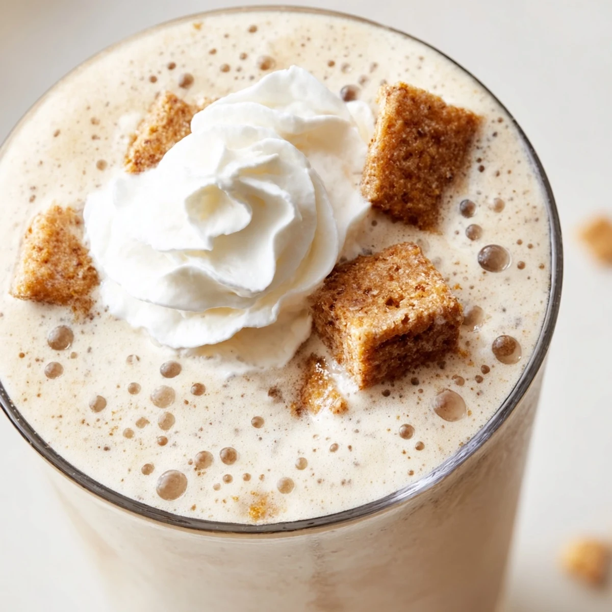 Thick blended coffee frappe with cinnamon cereal pieces garnished on creamy white foam