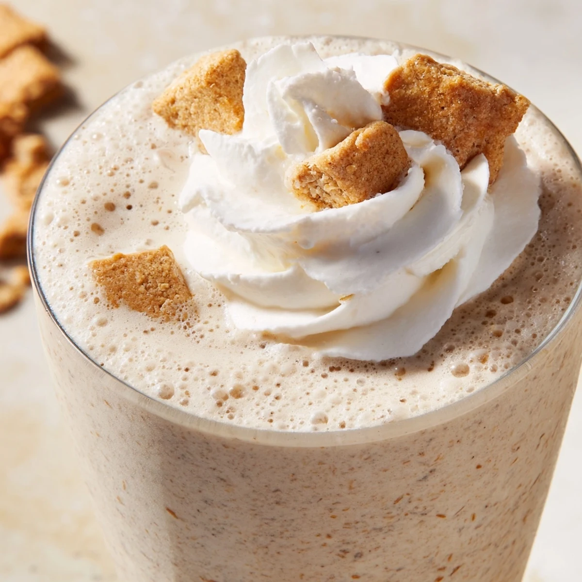 Creamy cinnamon-spiked coffee milkshake with floating cereal nuggets and a whipped cream crown