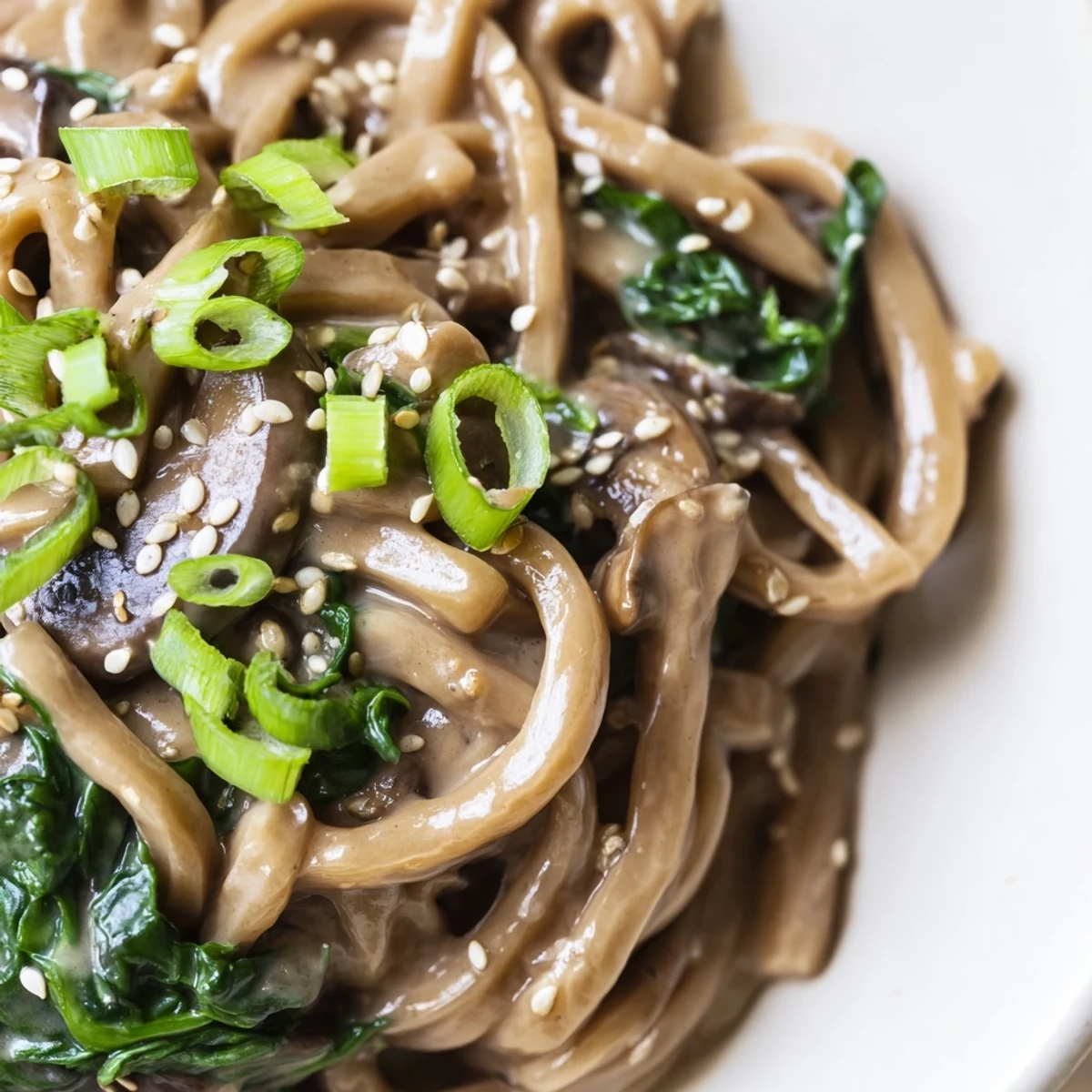 Thick udon noodles coated in rich savory miso cream sauce with fresh vegetables and sesame garnish