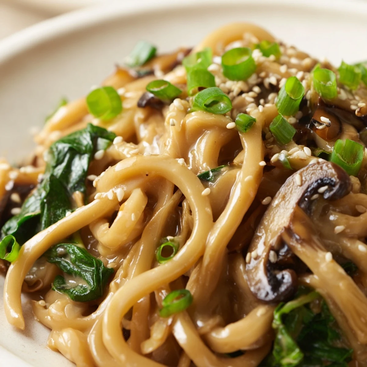 Creamy miso udon bowl featuring tender noodles wilted spinach and sliced mushrooms in aromatic white miso sauce
