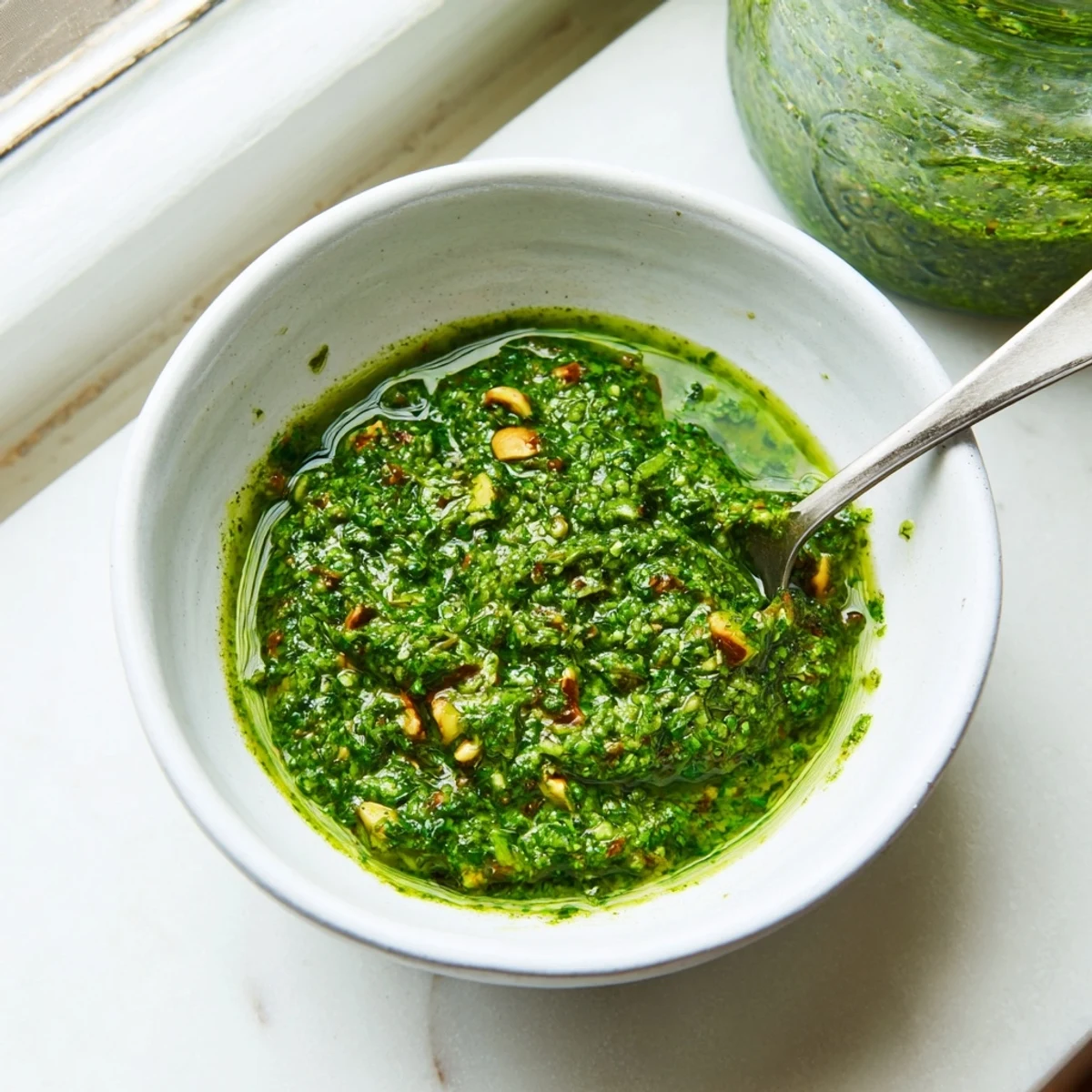 Glossy green Thai basil pesto swirled in a white ceramic bowl, topped with whole fresh basil leaves and a drizzle of golden olive oil.