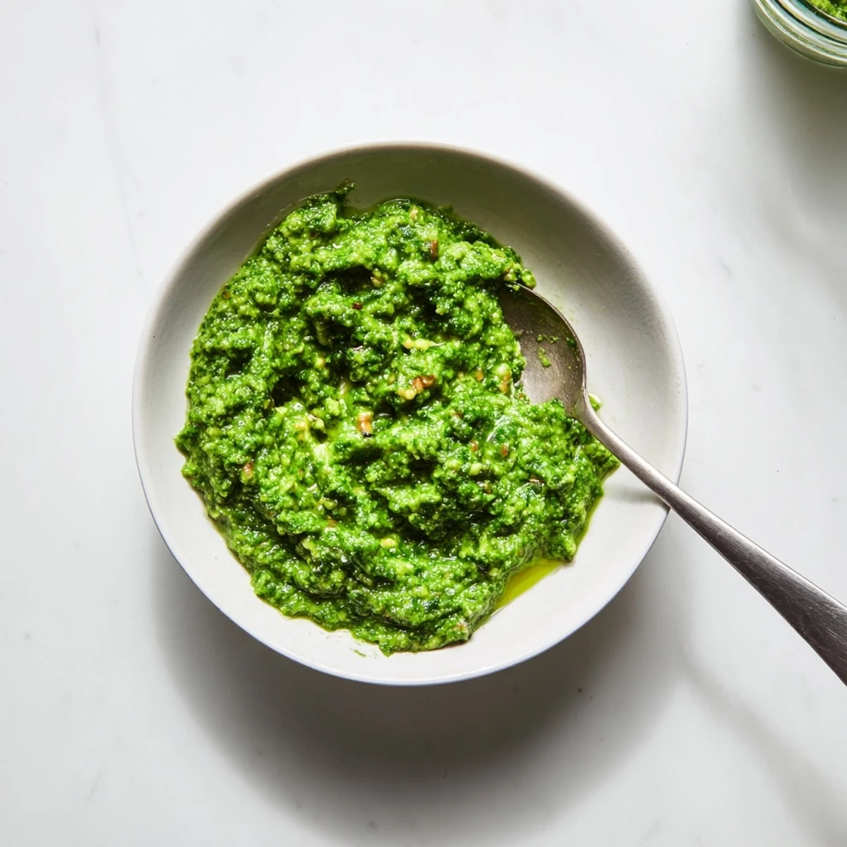 Vibrant Thai basil pesto sauce spooned over twirling linguine pasta on a rustic wooden board, garnished with chopped roasted cashews.
