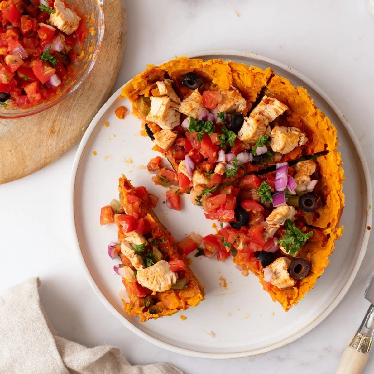 Comforting savory pie featuring tender chicken and sweet potatoes beneath a flaky golden crust