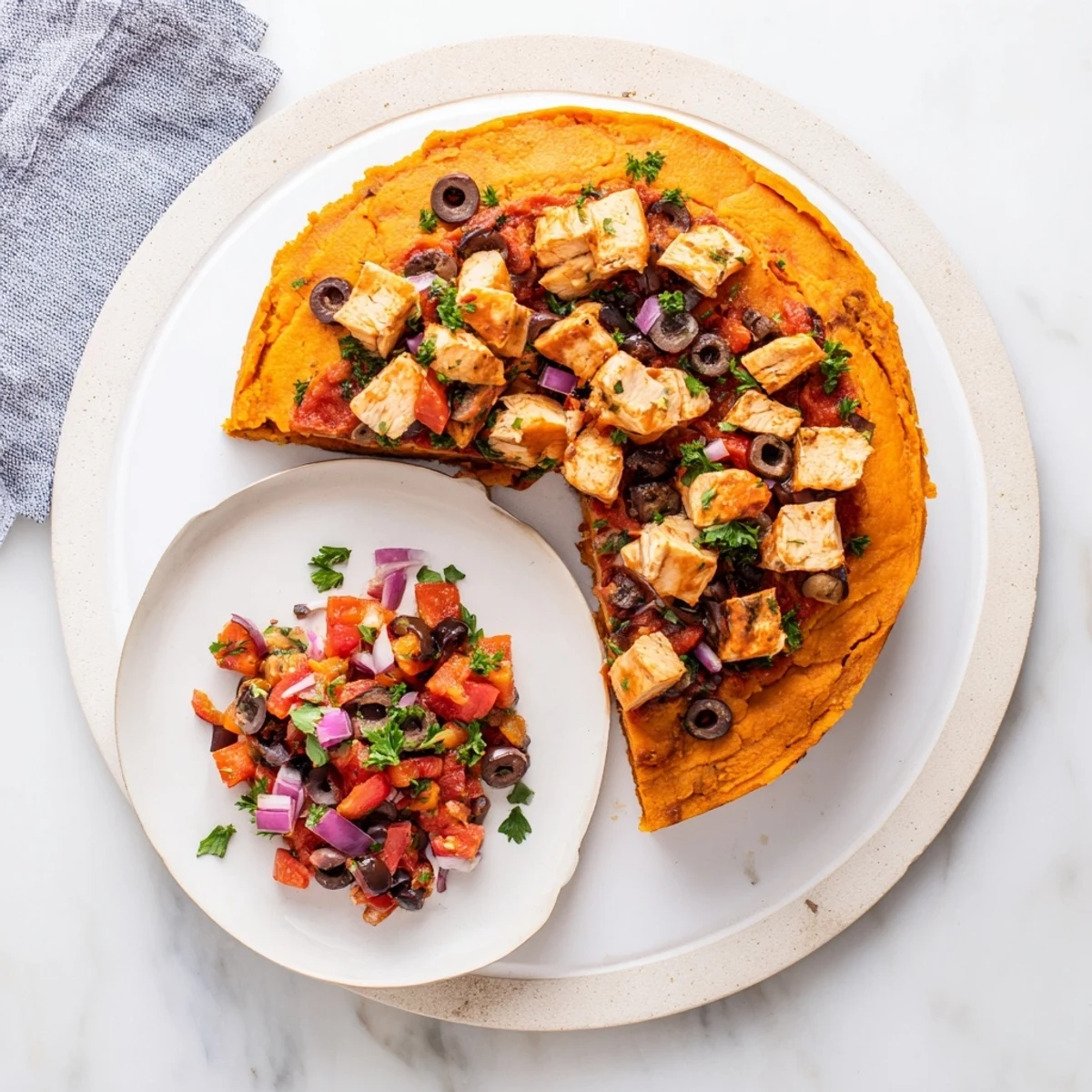 Golden sweet potato and chicken pie with vibrant tomato olive salsa garnish on top
