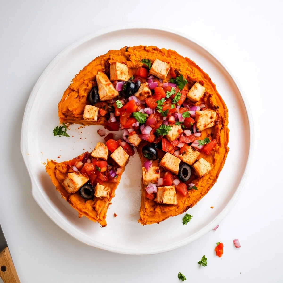 Mediterranean-inspired chicken pie with sweet potato crust served alongside fresh tomato olive salsa
