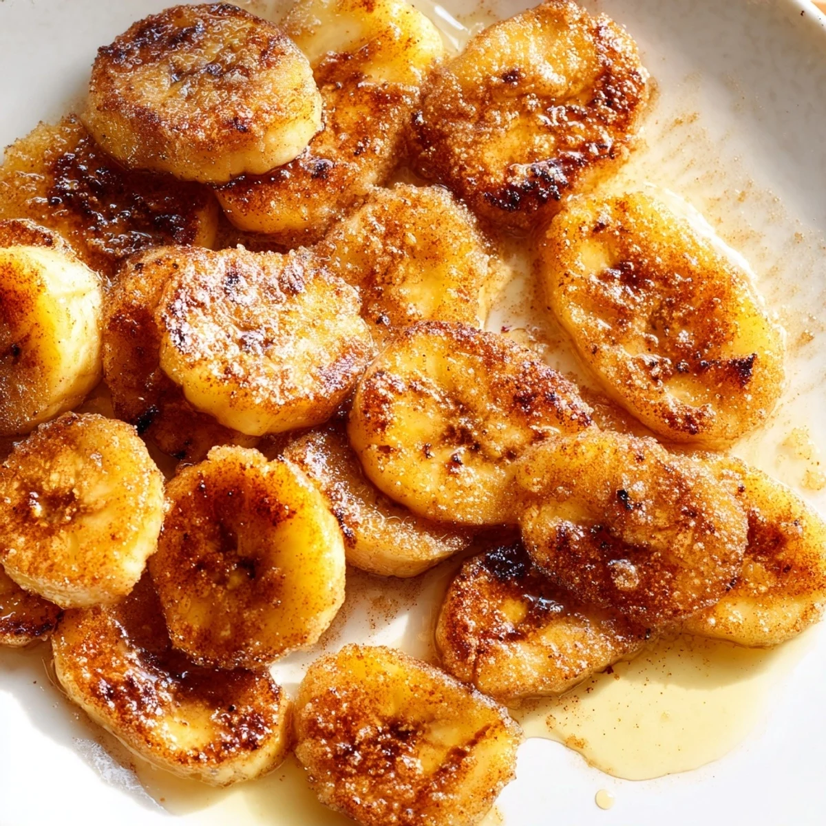 Crispy edged cinnamon banana slices sizzling in a skillet with melted butter and sweet cinnamon coating