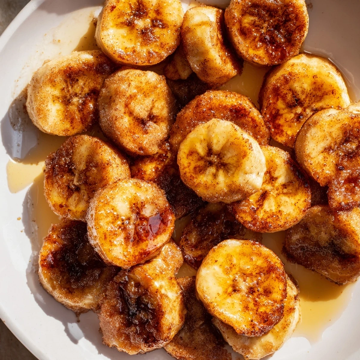Golden pan fried cinnamon bananas caramelized in butter with a dusting of warm brown sugar spice