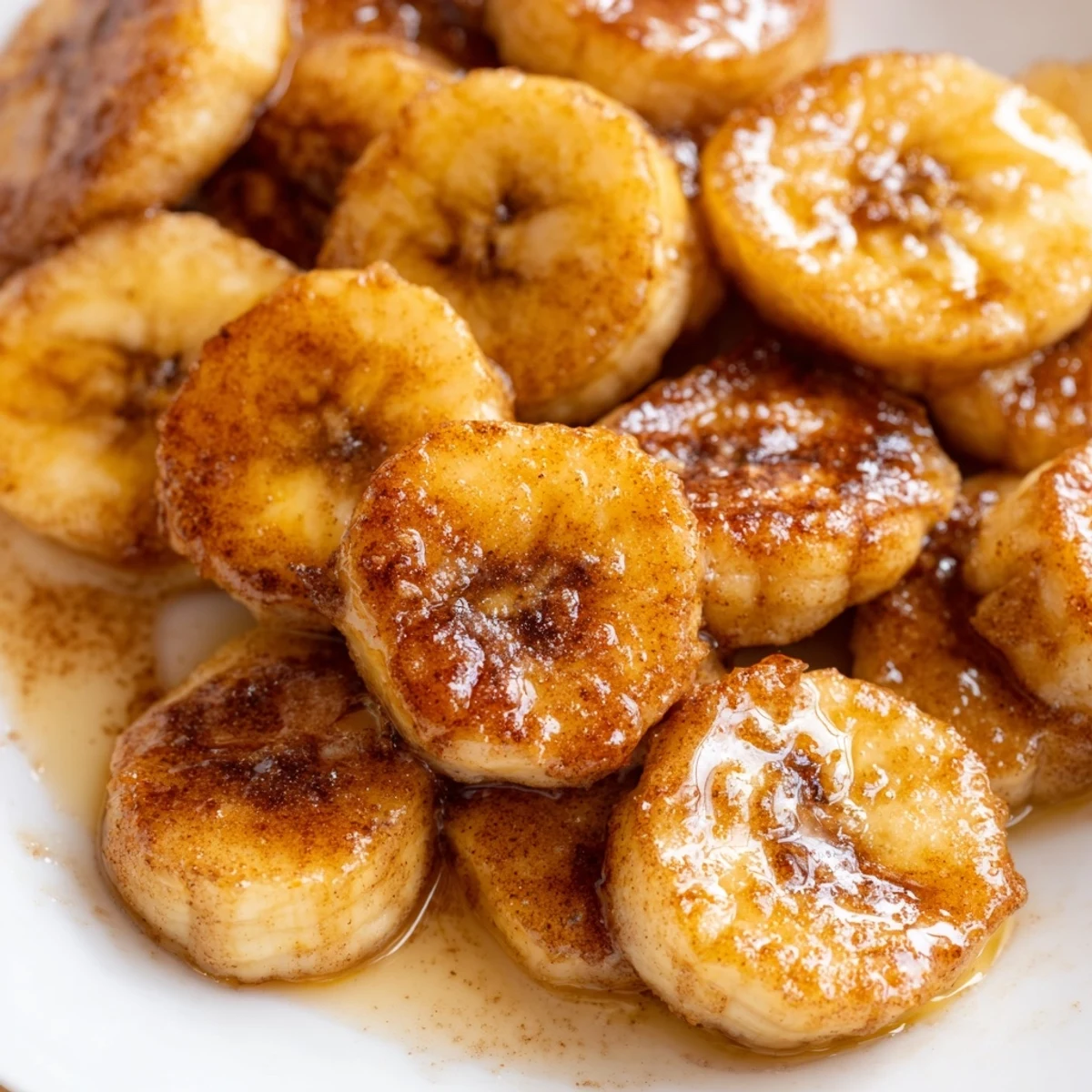 Warm pan fried cinnamon bananas served in a cast iron skillet with golden caramelized edges
