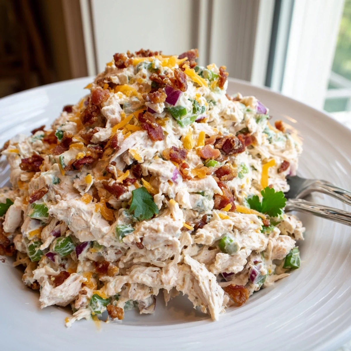 Creamy jalapeno popper keto chicken salad topped with crispy bacon crumbles and fresh cilantro