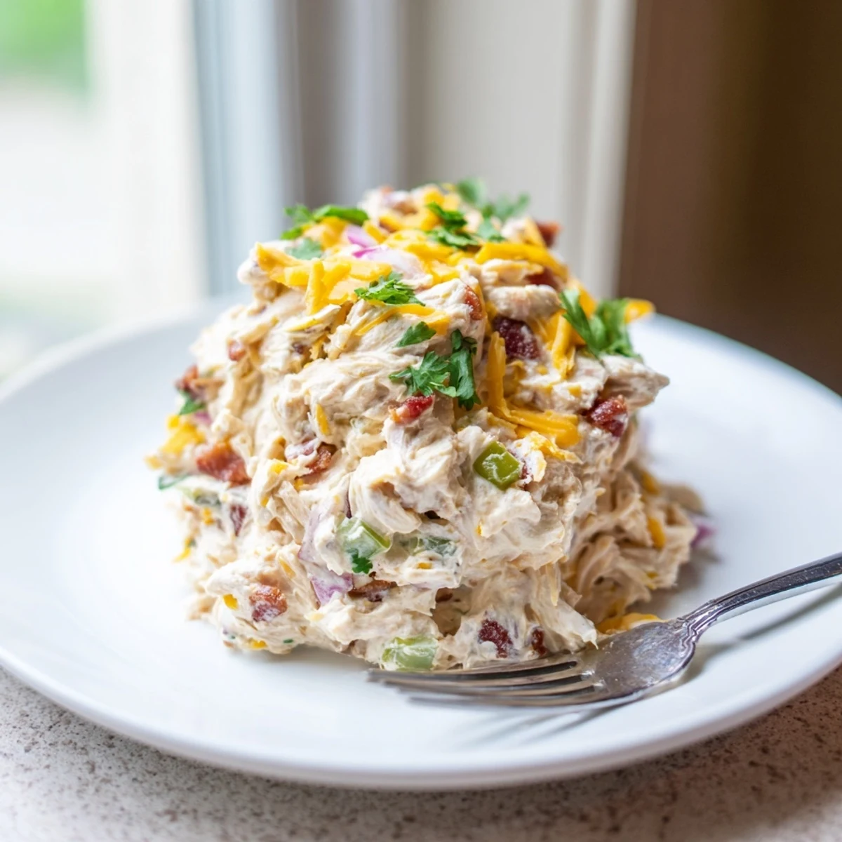 Keto chicken salad with spicy jalapenos, melted cheddar, and smoky bacon in a bowl