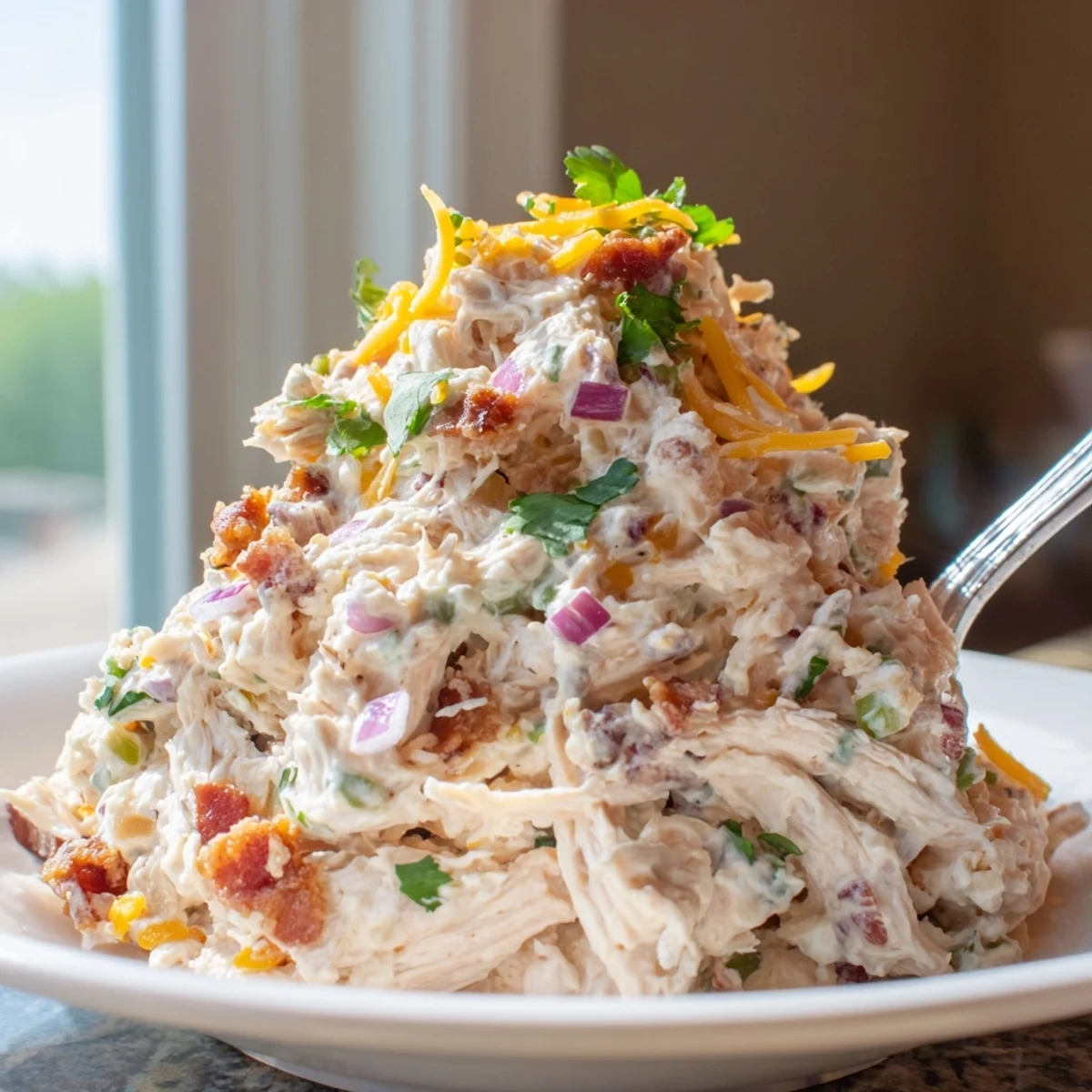 Low carb jalapeno popper chicken salad served chilled with diced peppers and garnish